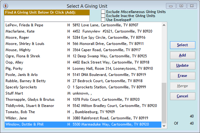Screenshot for 'Select A Giving Unit'