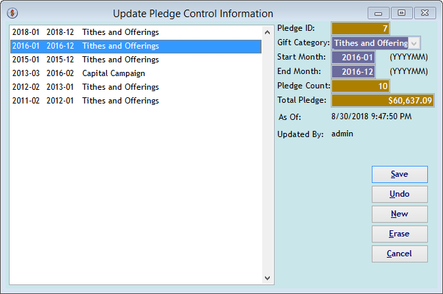 Screenshot for 'Update Pledge Control Information' for an existing Pledge Group