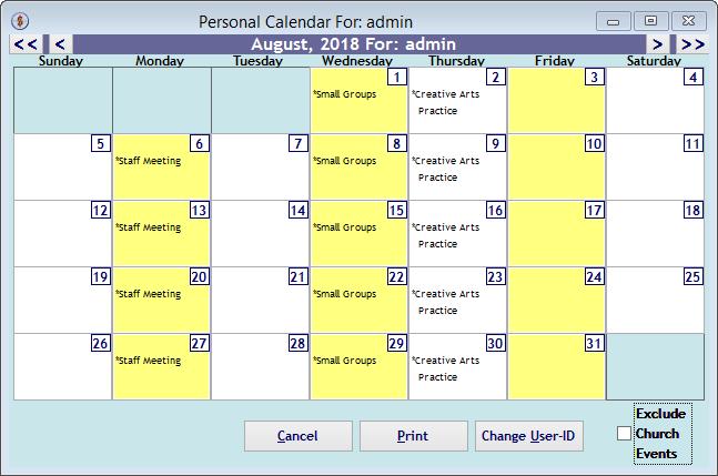 Screenshot for 'Personal Calendar For: xxxxx', includes Organizational Events