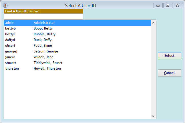 Screenshot for 'Select A User-ID'