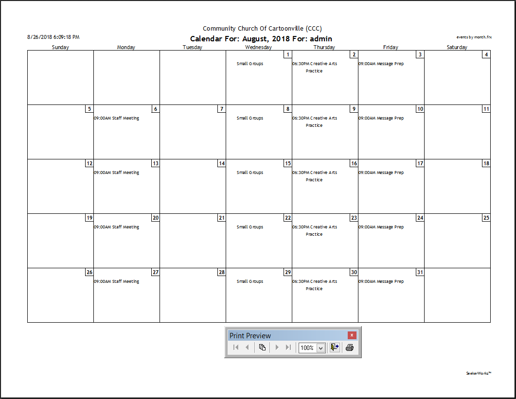 Screenshot for 'Calendar For: Month, YYYY For: xxxxx' Report