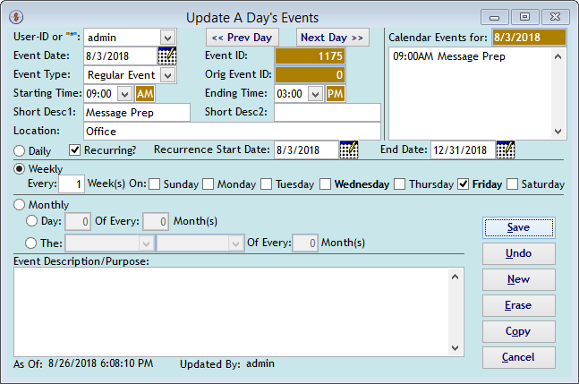 Screenshot for 'Update A Day's Events' for a User-ID
