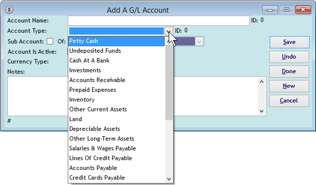 Screenshot for 'Add A G/L Account', Account Types