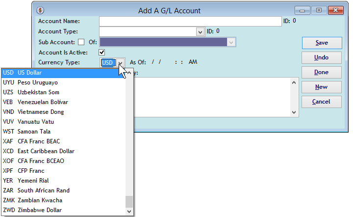 Screenshot for 'Add A G/L Account', Currency Types