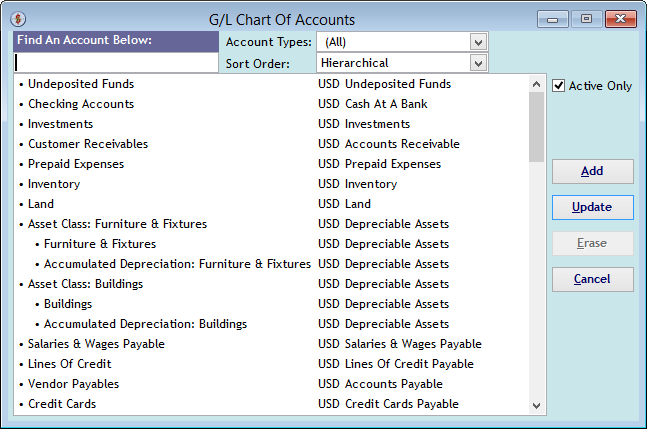 Screenshot for 'G/L Chart Of Accounts', Hierarchical