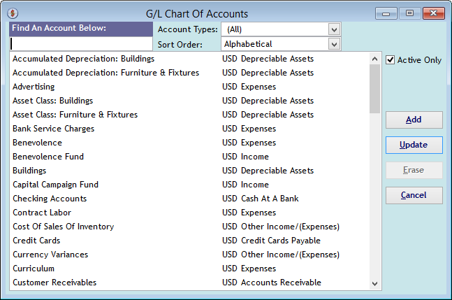 Screenshot for 'G/L Chart Of Accounts', Alphabetical