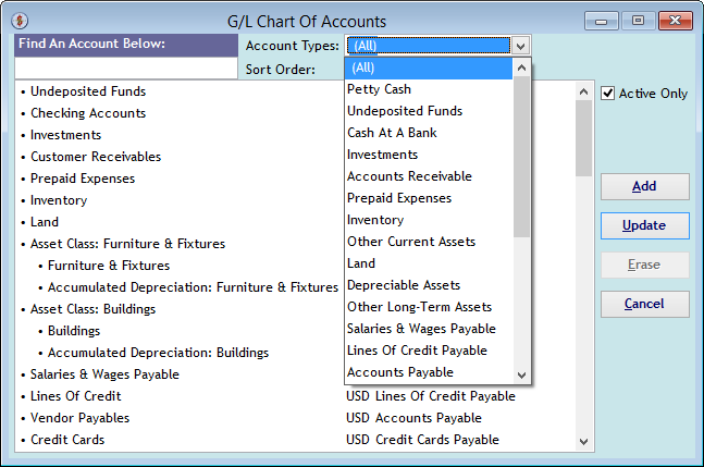 Screenshot for 'G/L Chart Of Accounts', Account Types
