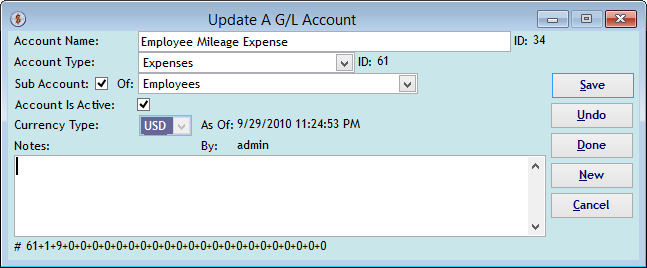 Screenshot for 'Update A G/L Account'